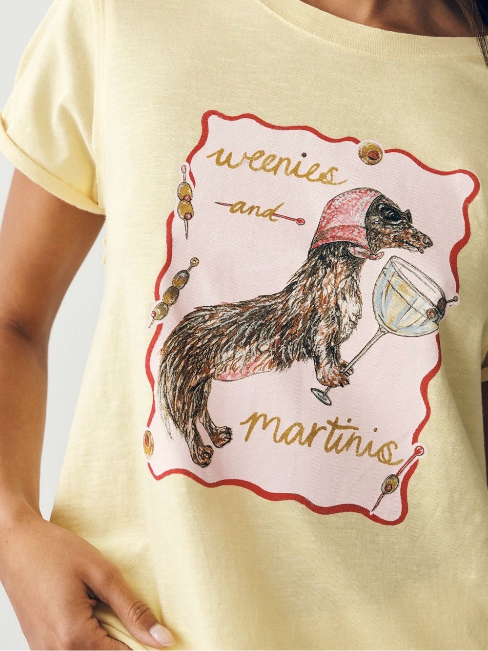 NWT Nikki Ackerman Dachshund Graphic Tee Small Yellow Weenies and Martinis Antho - Picture 2 of 9